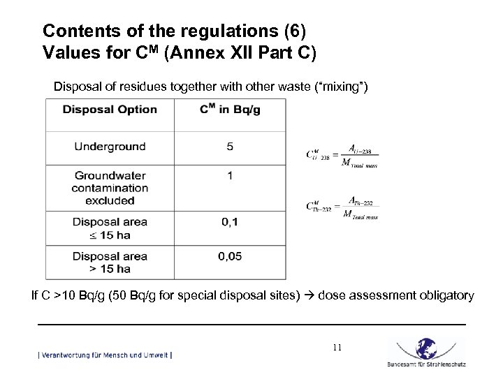 Contents of the regulations (6) Values for CM (Annex XII Part C) Disposal of