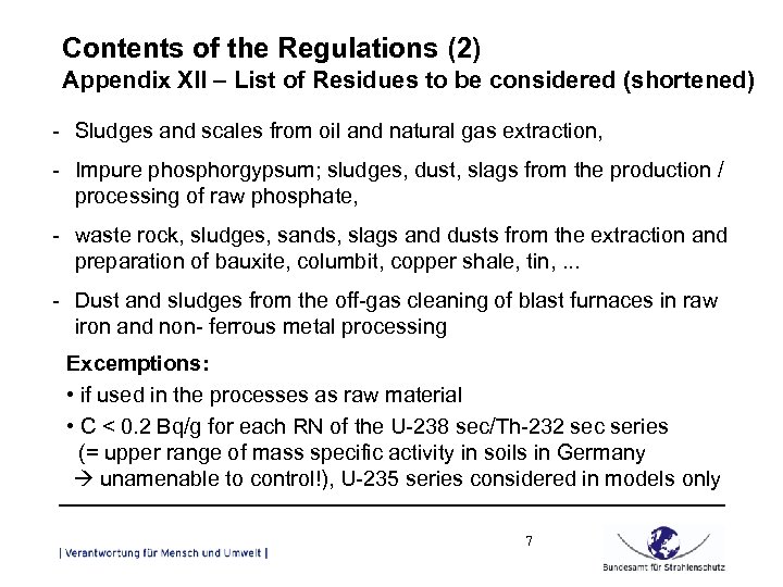 Contents of the Regulations (2) Appendix XII – List of Residues to be considered