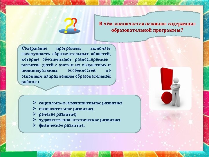 В чём заключается основное содержание образовательной программы? Содержание программы включает совокупность образовательных областей, которые