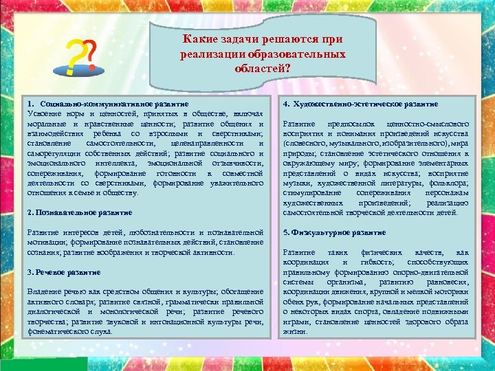 Какие задачи решаются при реализации образовательных областей? 1. Социально-коммуникативное развитие Усвоение норм и ценностей,