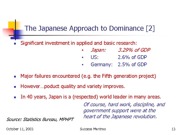 The Japanese Approach to Dominance [2] n Significant investment in applied and basic •