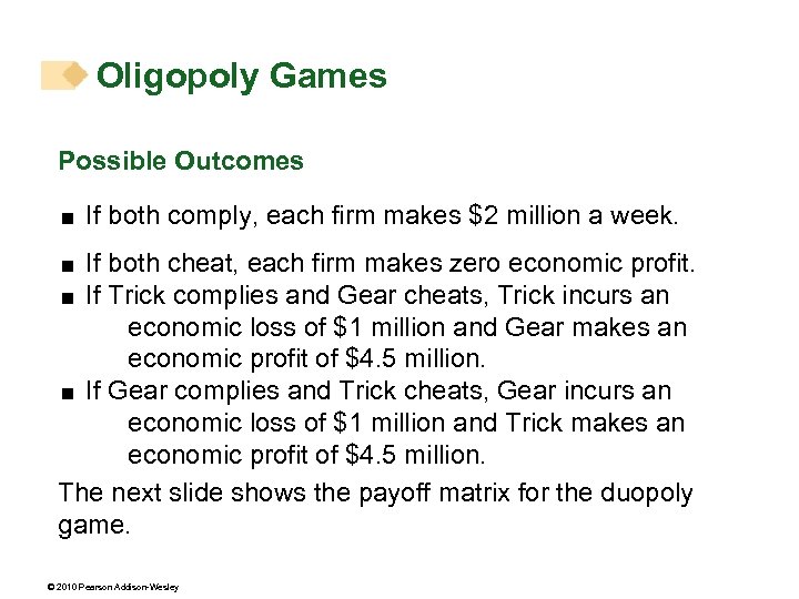 Oligopoly Games Possible Outcomes < If both comply, each firm makes $2 million a