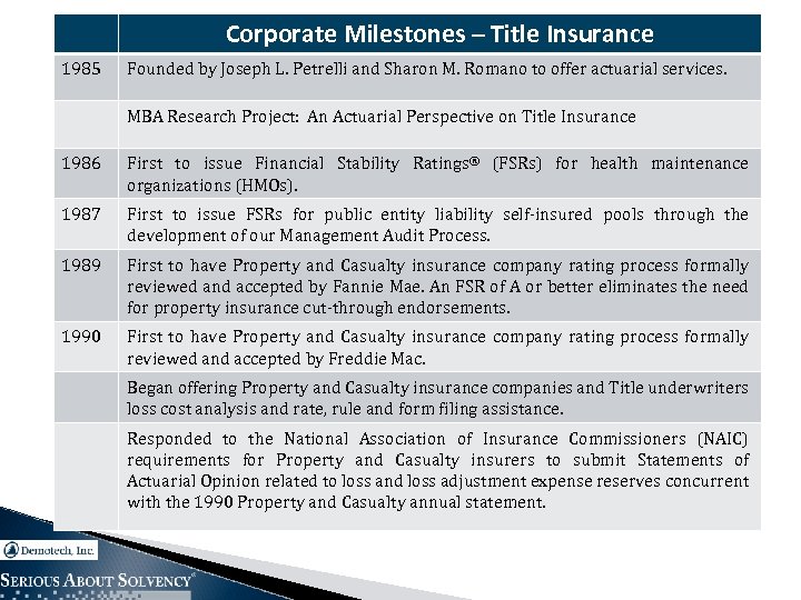 Corporate Milestones – Title Insurance 1985 Founded by Joseph L. Petrelli and Sharon M.