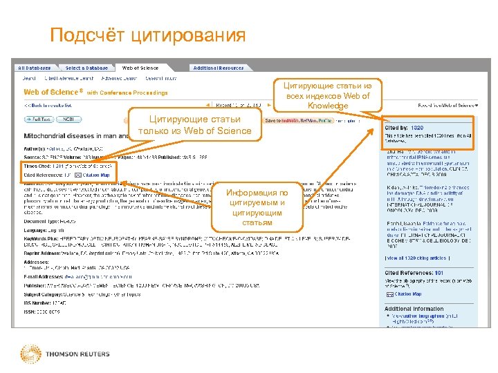 Подсчёт цитирования Цитирующие статьи из всех индексов Web of Knowledge Цитирующие статьи только из