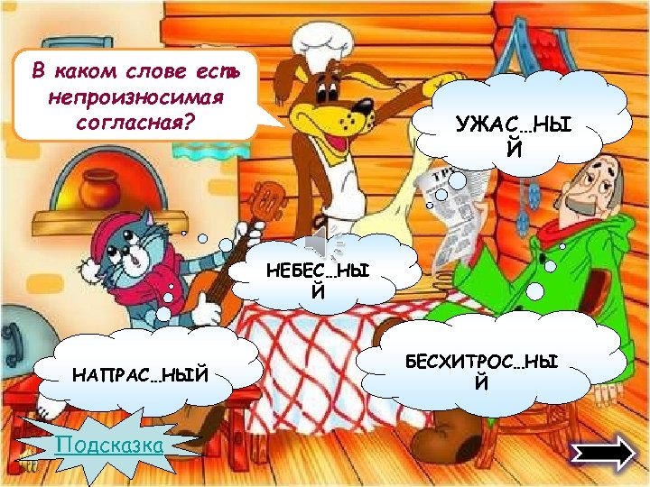 В каком слове есть непроизносимая согласная? УЖАС…НЫ Й НЕБЕС…НЫ Й НАПРАС…НЫЙ Подсказка БЕСХИТРОС…НЫ Й