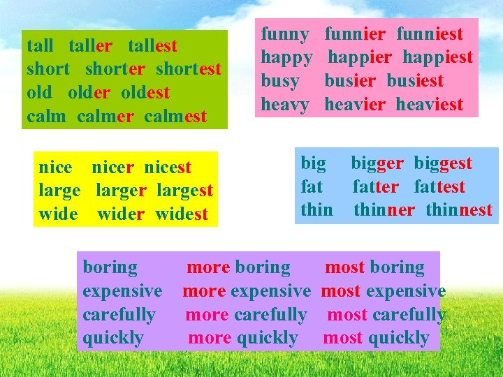 taller tallest shorter shortest older oldest calmer calmest nicer nicest larger largest wider widest