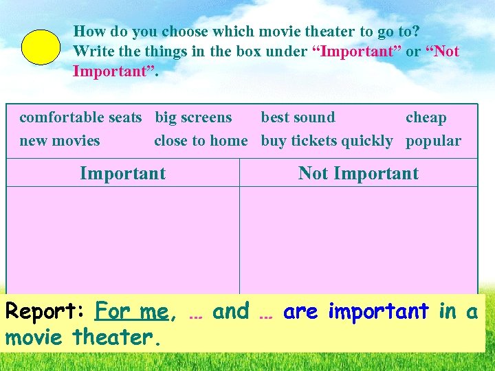 How do you choose which movie theater to go to? Write things in the