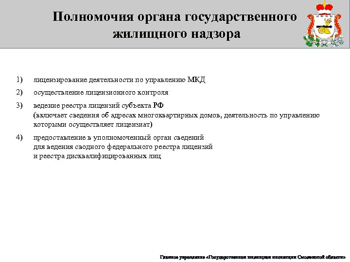 Полномочия органа государственного жилищного надзора 1) лицензирование деятельности по управлению МКД 2) осуществление лицензионного