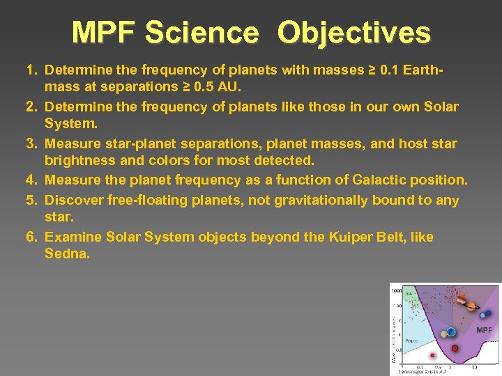 MPF Science Objectives 1. Determine the frequency of planets with masses ≥ 0. 1