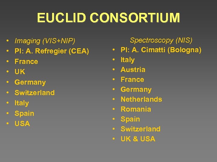 EUCLID CONSORTIUM • • • Imaging (VIS+NIP) PI: A. Refregier (CEA) France UK Germany