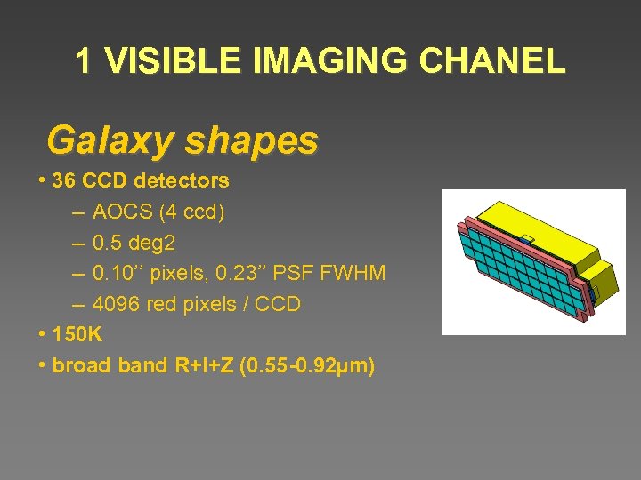 1 VISIBLE IMAGING CHANEL Galaxy shapes • 36 CCD detectors – AOCS (4 ccd)