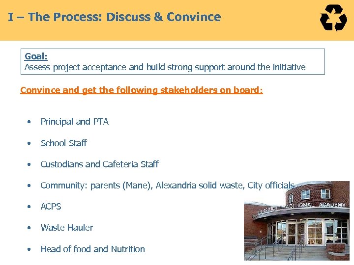I – The Process: Discuss & Convince Goal: Assess project acceptance and build strong