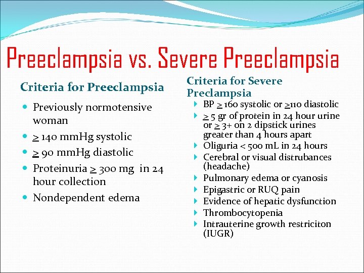 Preeclampsia vs. Severe Preeclampsia Criteria for Preeclampsia Previously normotensive woman > 140 mm. Hg