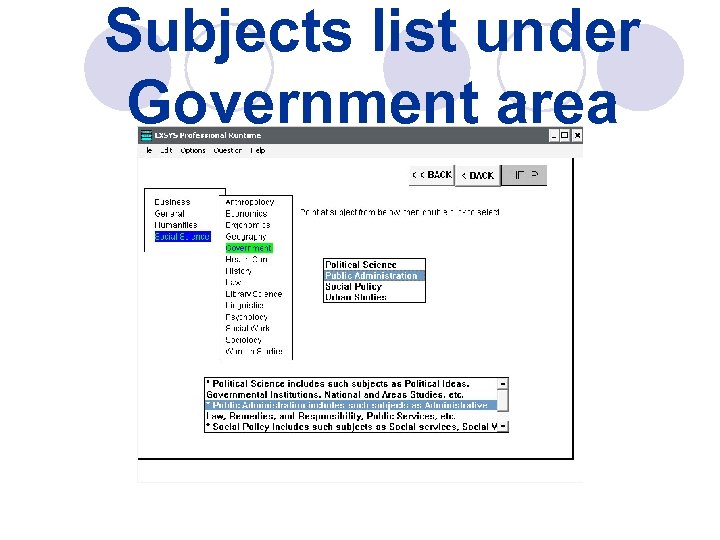 Subjects list under Government area 