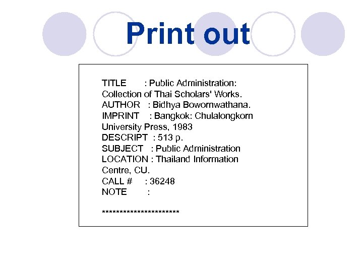 Print out TITLE : Public Administration: Collection of Thai Scholars' Works. AUTHOR : Bidhya