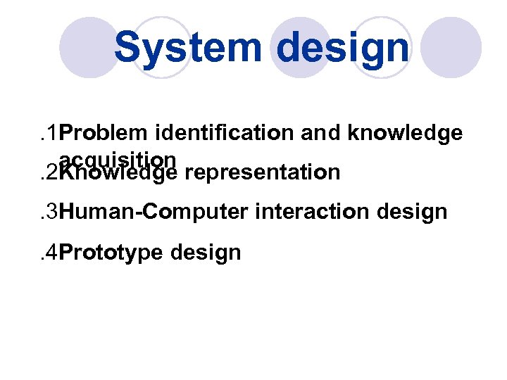 System design. 1 Problem identification and knowledge acquisition. 2 Knowledge representation. 3 Human-Computer interaction