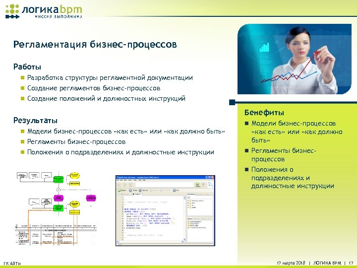 Регламентация бизнес-процессов Работы n Разработка структуры регламентной документации n Создание регламентов бизнес-процессов n Создание