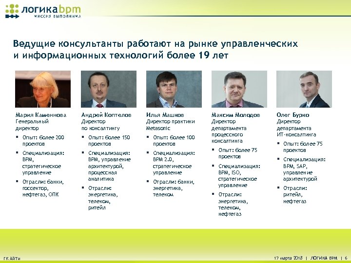 Ведущие консультанты работают на рынке управленческих и информационных технологий более 19 лет Мария Каменнова