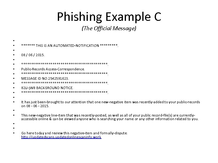Phishing Example C (The Official Message) • • • • • ******* THIS IS