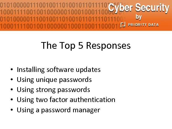 The Top 5 Responses • • • Installing software updates Using unique passwords Using