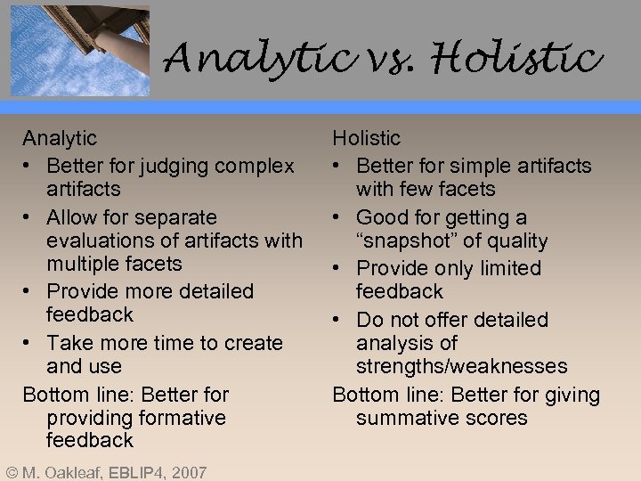 Analytic vs. Holistic Analytic • Better for judging complex artifacts • Allow for separate
