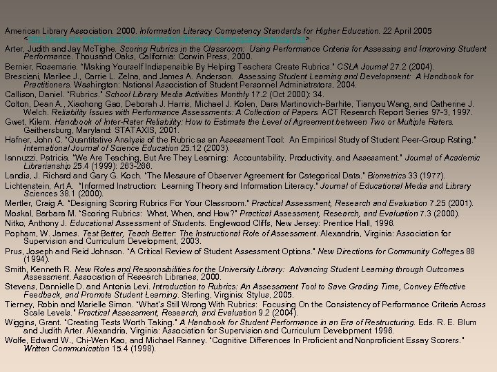 American Library Association. 2000. Information Literacy Competency Standards for Higher Education. 22 April 2005