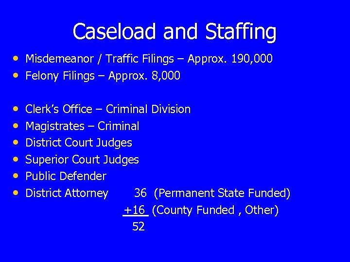 Caseload and Staffing • Misdemeanor / Traffic Filings – Approx. 190, 000 • Felony