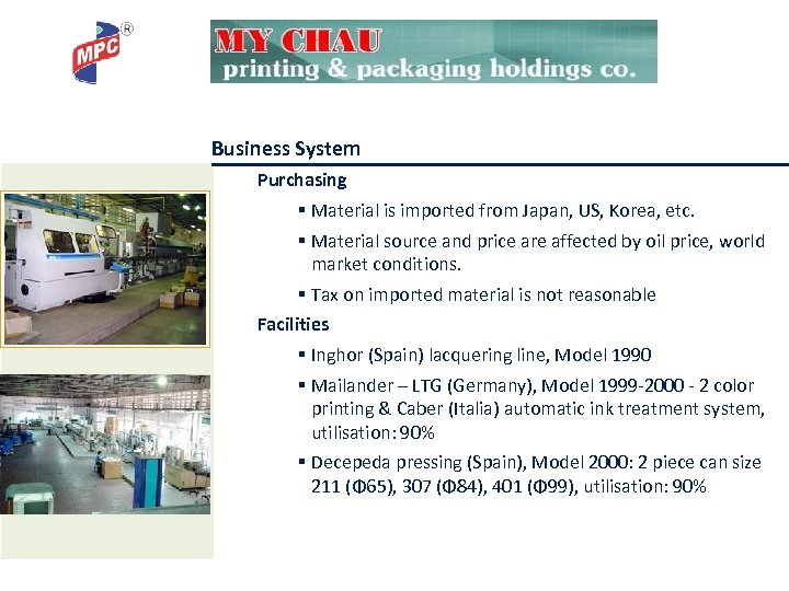 Business System Purchasing § Material is imported from Japan, US, Korea, etc. § Material