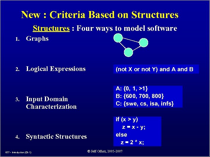 New : Criteria Based on Structures : Four ways to model software 1. Graphs