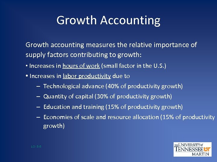 Growth Accounting Growth accounting measures the relative importance of supply factors contributing to growth: