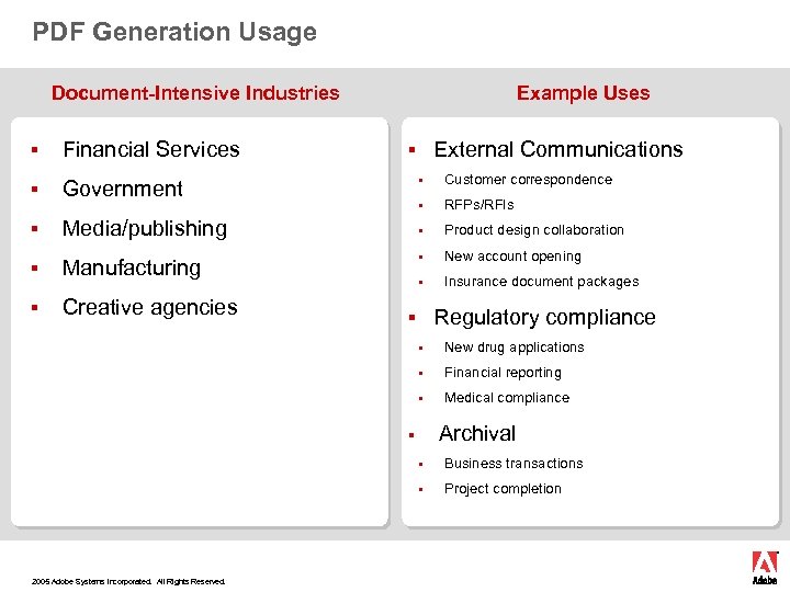 PDF Generation Usage Document-Intensive Industries § Financial Services § Government § Media/publishing § Manufacturing