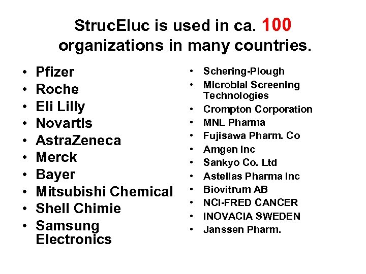 Struc. Eluc is used in ca. 100 organizations in many countries. • • •