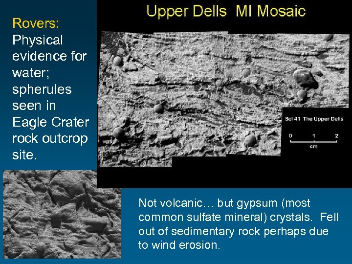 Rovers: Physical evidence for water; spherules seen in Eagle Crater rock outcrop site. Not