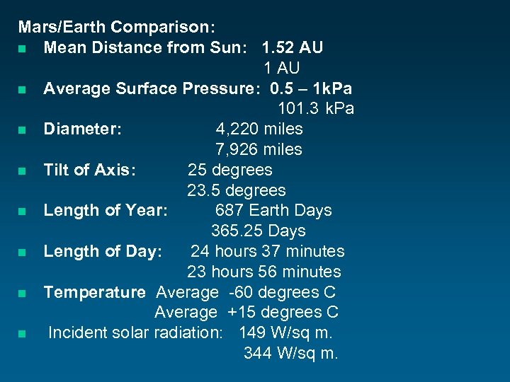 Mars/Earth Comparison: n Mean Distance from Sun: 1. 52 AU 1 AU n Average