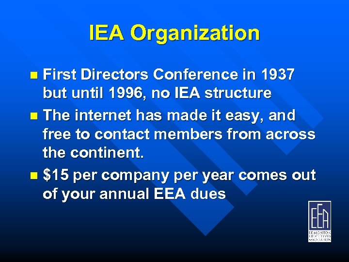 IEA Organization First Directors Conference in 1937 but until 1996, no IEA structure n