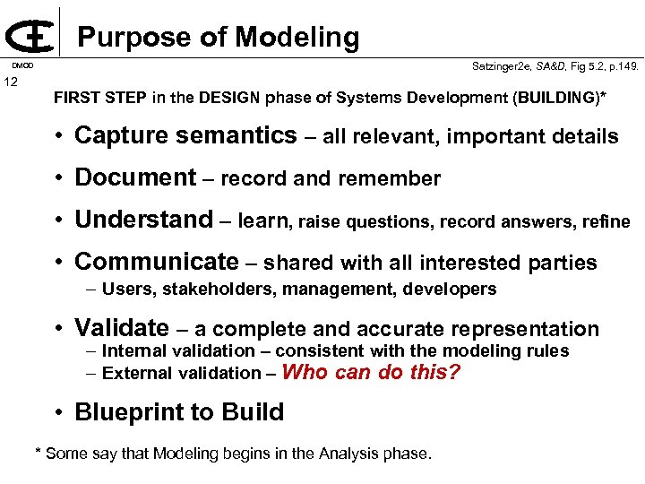 Purpose of Modeling Satzinger 2 e, SA&D, Fig 5. 2, p. 149. DMOD 12