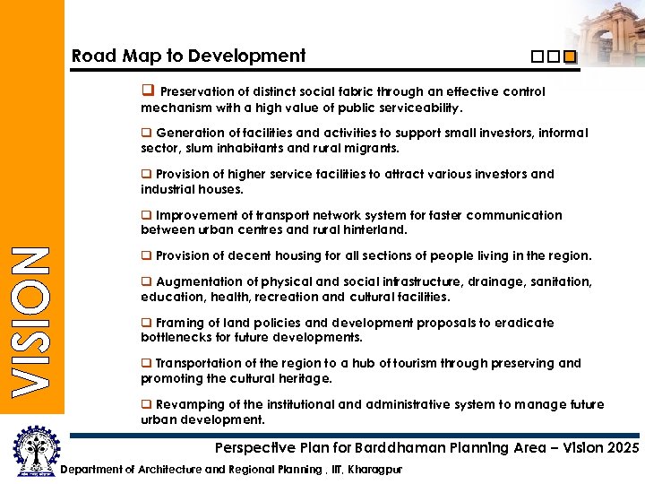 Road Map to Development q Preservation of distinct social fabric through an effective control