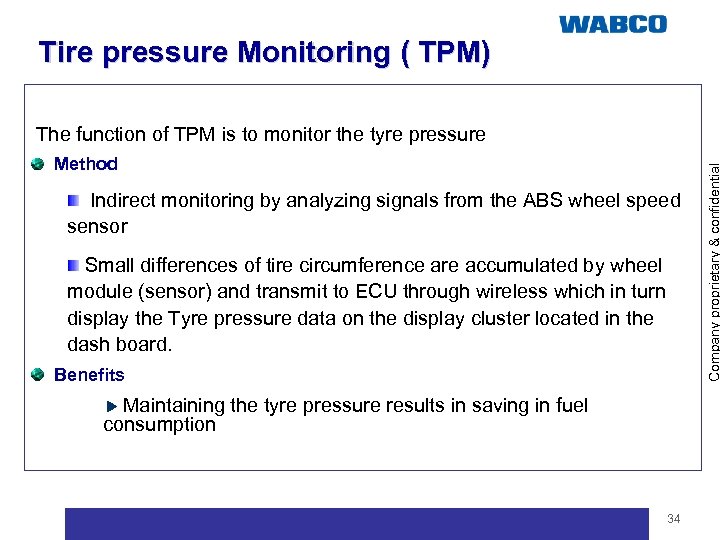 Tire pressure Monitoring ( TPM) Method Indirect monitoring by analyzing signals from the ABS