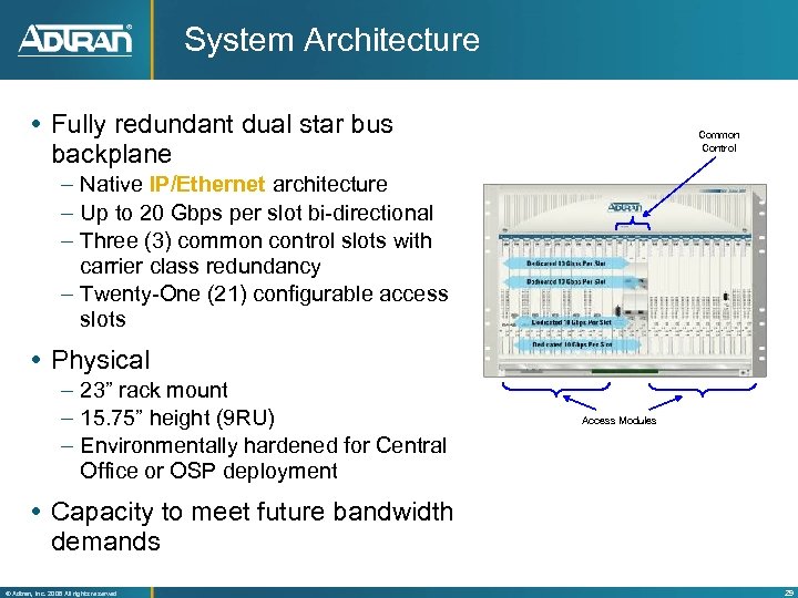 System Architecture Fully redundant dual star bus backplane Common Control – Native IP/Ethernet architecture