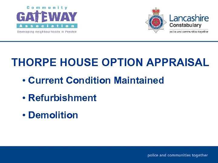 THORPE HOUSE OPTION APPRAISAL • Current Condition Maintained • Refurbishment • Demolition 