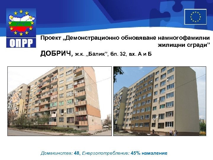 Проект „Демонстрационно обновяване намногофамилни жилищни сгради” ДОБРИЧ, ж. к. „Балик”, бл. 32, вх. А