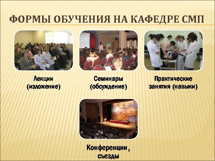 ФОРМЫ ОБУЧЕНИЯ НА КАФЕДРЕ СМП Лекции (изложение) Семинары (обсуждение) Конференции, съезды Практические занятия (навыки)