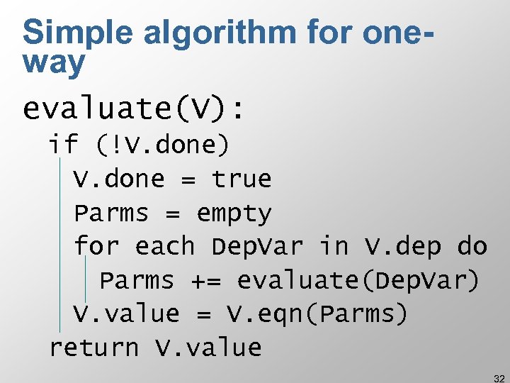 Simple algorithm for oneway evaluate(V): if (!V. done) V. done = true Parms =