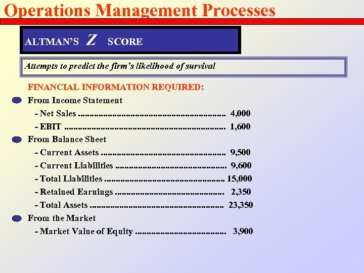 Operations Management Processes ALTMAN’S Z SCORE Attempts to predict the firm’s likelihood of survival