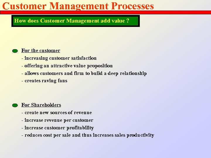 Customer Management Processes How does Customer Management add value ? For the customer -