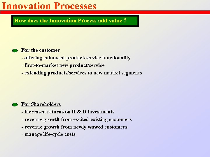 Innovation Processes How does the Innovation Process add value ? For the customer -