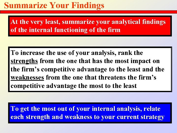 Summarize Your Findings At the very least, summarize your analytical findings of the internal