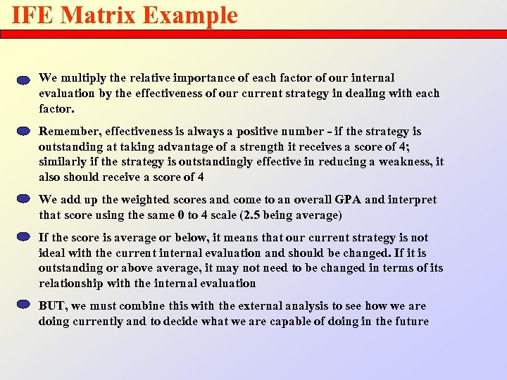 IFE Matrix Example We multiply the relative importance of each factor of our internal