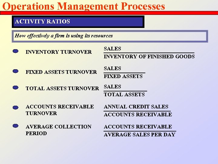 Operations Management Processes ACTIVITY RATIOS How effectively a firm is using its resources INVENTORY