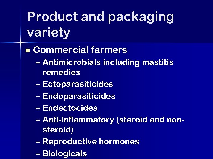 Product and packaging variety n Commercial farmers – Antimicrobials including mastitis remedies – Ectoparasiticides